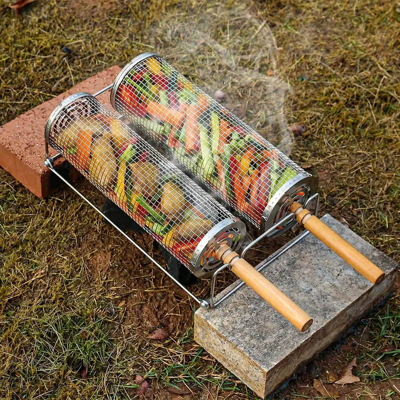 2-Pack Stainless Steel Rotating Grill Baskets with Removable Wooden Handle – Durable 304 Mesh for Veggies, Prawns & More – Perfect for BBQ, Camping & Outdoor Cooking, Great Gift for Dad or Husband
