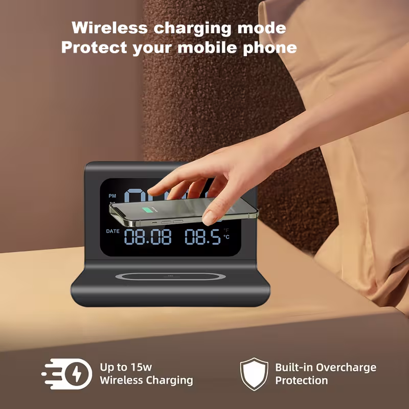 3-in-1 wireless charger, time and temperature display, bedroom desk alarm clock, iPhone 16 15 14 13 12 11 Pro Max/Mini/Plus/XR/X/8 AirPods 2/3/4/Pro/Pro 2 charging dock AirPods 4/3 /Pro/2, compatible with Samsung S25/S23/S22/S21/S20/ Galaxy Buds