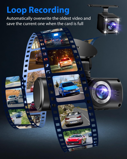 Three-camera dash cam C309, equipped with dual front cameras, an interior camera and a reversing camera - a dash cam for cars. Supports WIFI, loop recording, night vision, motion detection, parking monitoring - suitable for taxis, trucks, SUVs, sedans - c