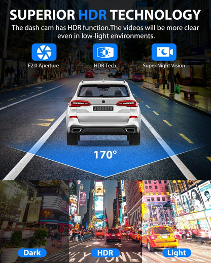 Three-camera dash cam C309, equipped with dual front cameras, an interior camera and a reversing camera - a dash cam for cars. Supports WIFI, loop recording, night vision, motion detection, parking monitoring - suitable for taxis, trucks, SUVs, sedans - c