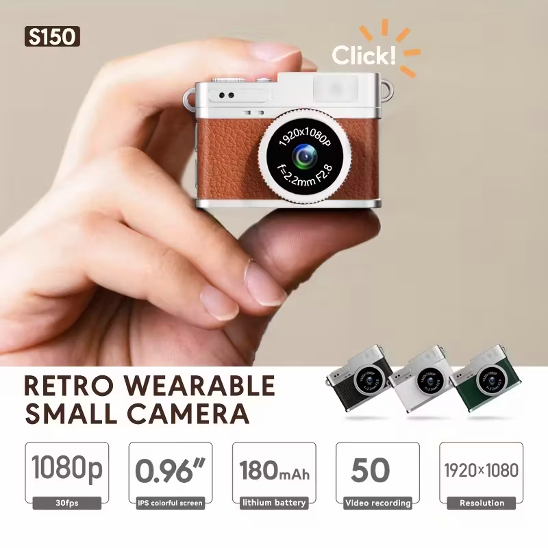 Mini camera retro version, wearable mini camera - 1080P high-definition video, 0.96-inch IPS screen, LED fill light, 17.5-gram ultra-light portable, suitable for Vlog shooting and travel, small pocket-sized photo recorder with 32GB card - small compact mi