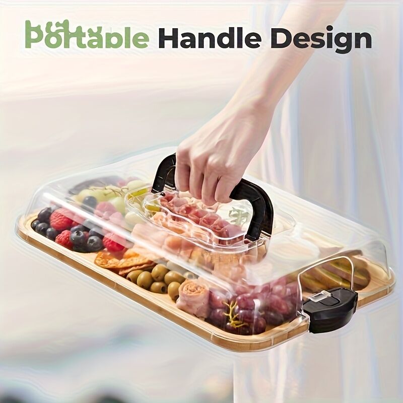 1pc Cheese Tray with Transparent Acrylic Lid - Portable Deli Platter for Camping, Parties, Restaurants | Holiday Appetizer, Deli and Snack Serving Tray, Back Can Be Used for Cutting Board, Party Snack Organizer, Safe Snapon Lid