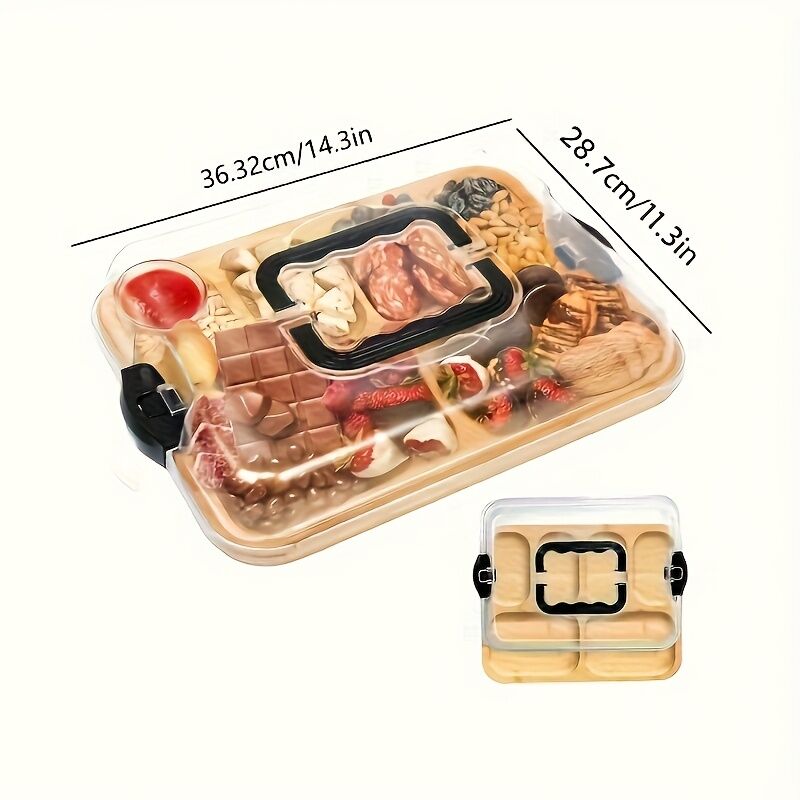 1pc Cheese Tray with Transparent Acrylic Lid - Portable Deli Platter for Camping, Parties, Restaurants | Holiday Appetizer, Deli and Snack Serving Tray, Back Can Be Used for Cutting Board, Party Snack Organizer, Safe Snapon Lid