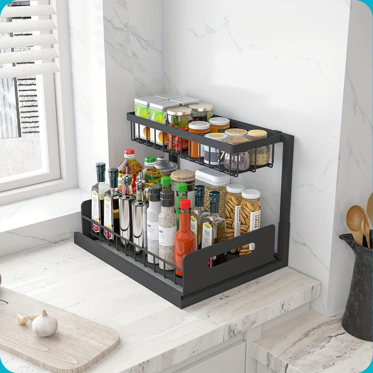 Kitchen sink storage box, pull-out cabinet storage box 2-layer sliding sink rack cabinet storage rack, kitchen bathroom cabinet sink drain storage pull-out frame