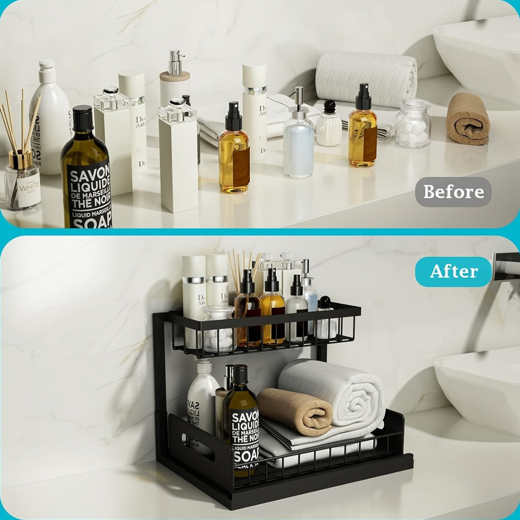 Kitchen sink storage box, pull-out cabinet storage box 2-layer sliding sink rack cabinet storage rack, kitchen bathroom cabinet sink drain storage pull-out frame
