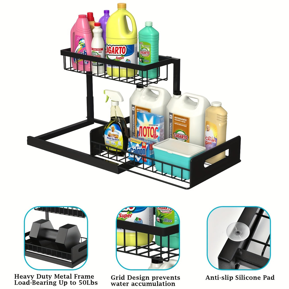 Kitchen sink storage box, pull-out cabinet storage box 2-layer sliding sink rack cabinet storage rack, kitchen bathroom cabinet sink drain storage pull-out frame