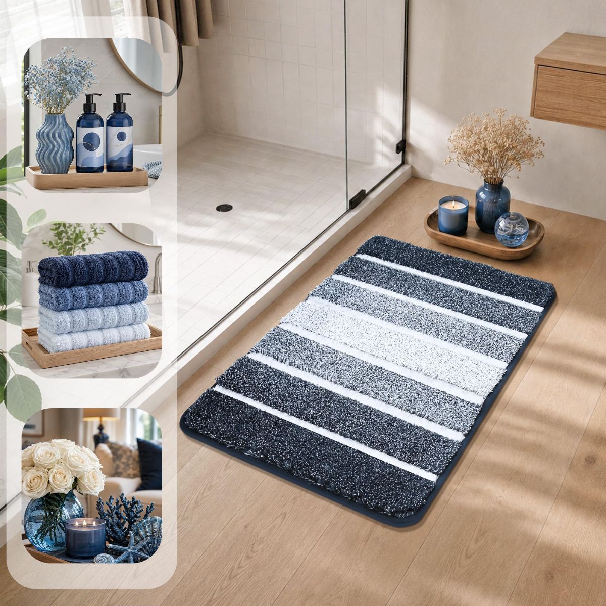Bathroom Rugs,Ultra Soft Absorbent Bath Mat,Beige | Non-Slip TPR Backing Stays in Place, Machine Washable Bath Rugs Shaggy Rug for Bathroom Floor - Dark Blue and White - Size 45cm*75cm