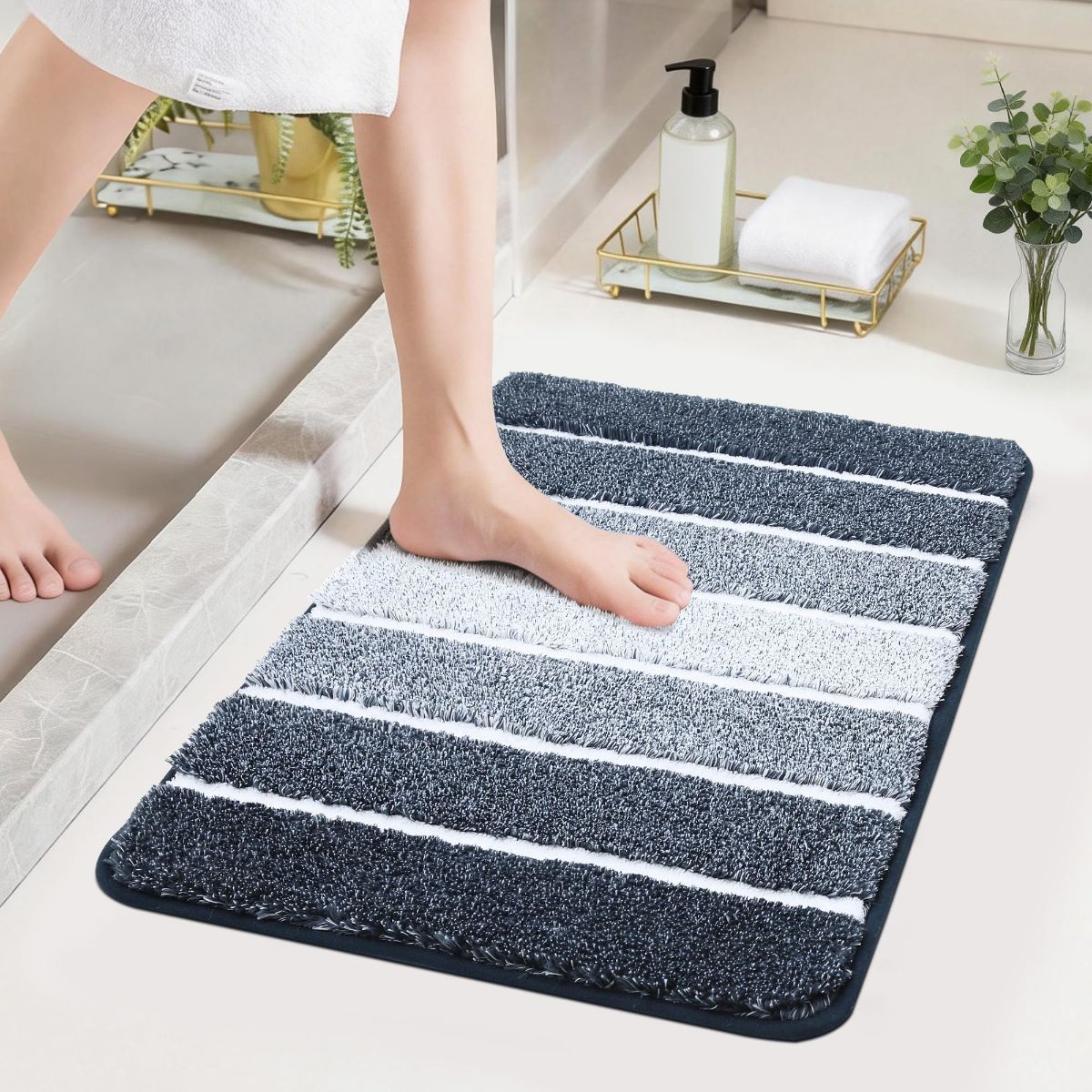 Bathroom Rugs,Ultra Soft Absorbent Bath Mat,Beige | Non-Slip TPR Backing Stays in Place, Machine Washable Bath Rugs Shaggy Rug for Bathroom Floor - Dark Blue and White - Size 60cm*90cm