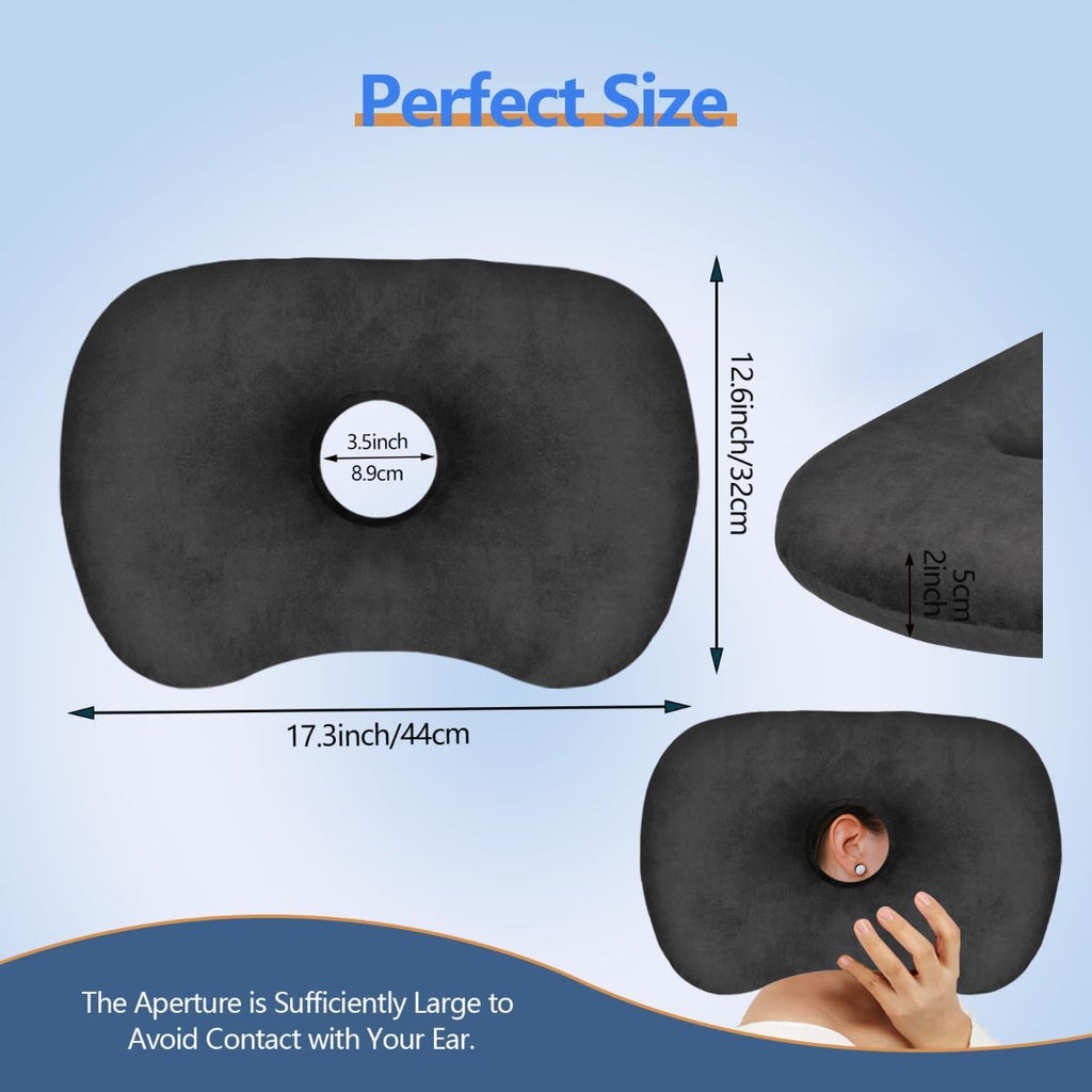 Ear Piercing Hole Pillows Side Sleeper Pillow with an Ear Hole for CNH Side Sleepers and Ear Inflammation Pressure Sores, Adjustable Cotton and Polyester Curved Side Pillow - Gray - Size 44cm*32cm