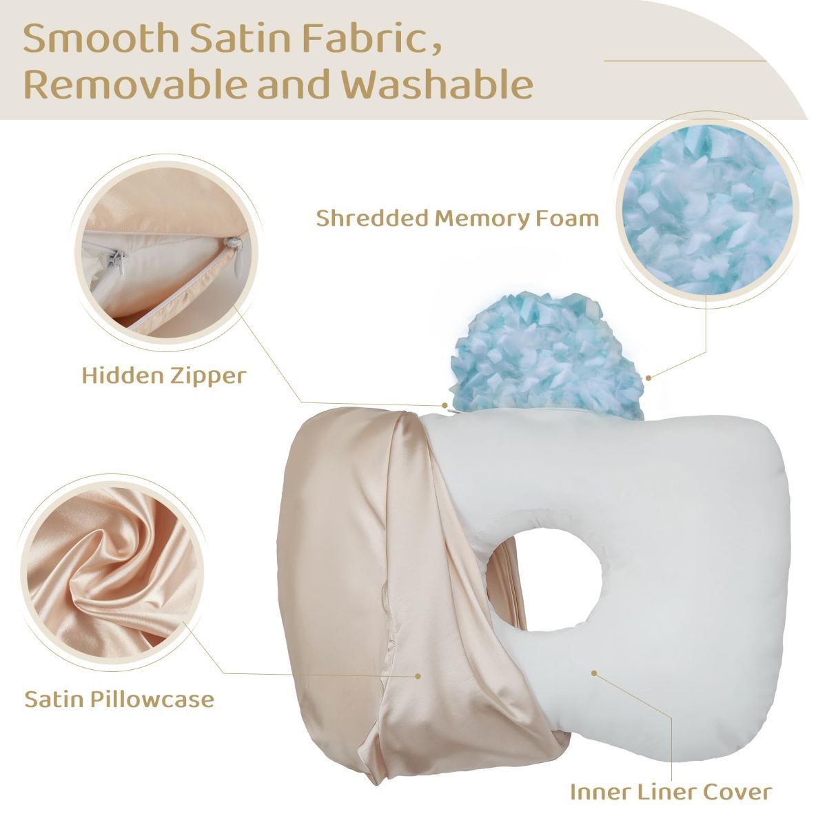 Piercing Pillow - Ear Piercing Pillow With Foam Plug, Adjust Shredded Memory Foam Picrcing Pillow For Side Sleepers, Donut Piliow For Ear With 4.5x4.5''Hole, Ergonomic Curved Design, Satin Pink | Ear Piercing Pillow For Side Sleepers, Donut Piliow For Ear