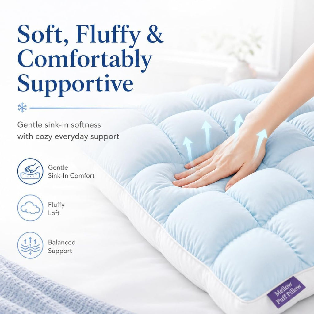 Mellow Puff Cooling Pillow for Sleeping, Fluffy Cloud Pillow with Ice-Silk Touch, Breathable Quilted Grid Design, for Side and Back Sleepers, Machine Washable - Purple - Size 26in*20in