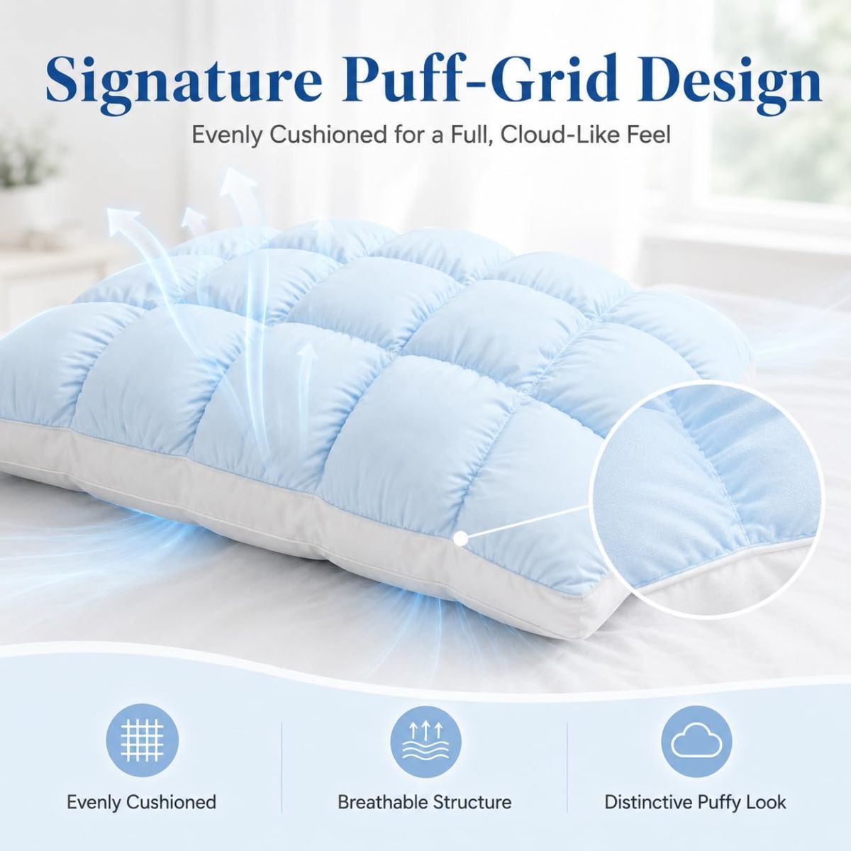 Mellow Puff Cooling Pillow for Sleeping, Fluffy Cloud Pillow with Ice-Silk Touch, Breathable Quilted Grid Design, for Side and Back Sleepers, Machine Washable - Purple - Size 26in*20in