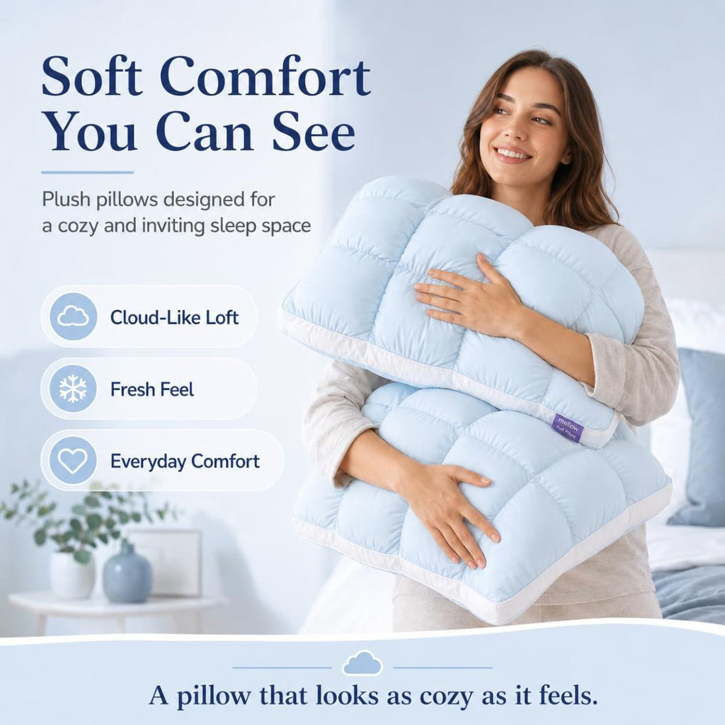 Mellow Puff Cooling Pillow for Sleeping, Fluffy Cloud Pillow with Ice-Silk Touch, Breathable Quilted Grid Design, for Side and Back Sleepers, Machine Washable - Purple - Size 26in*20in