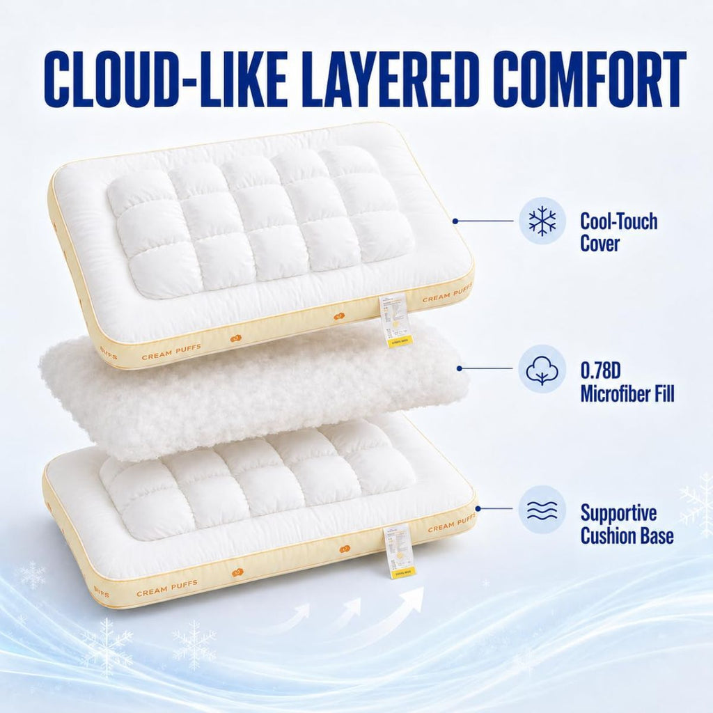 Cooling Marshmallow Puff Pillow, Quilted Cool-Touch Bed Pillow for Adults, Cloud-Like Fluffy Sleep Pillow with Neck Support for Side Back Sleepers - White - Size 74*48cm