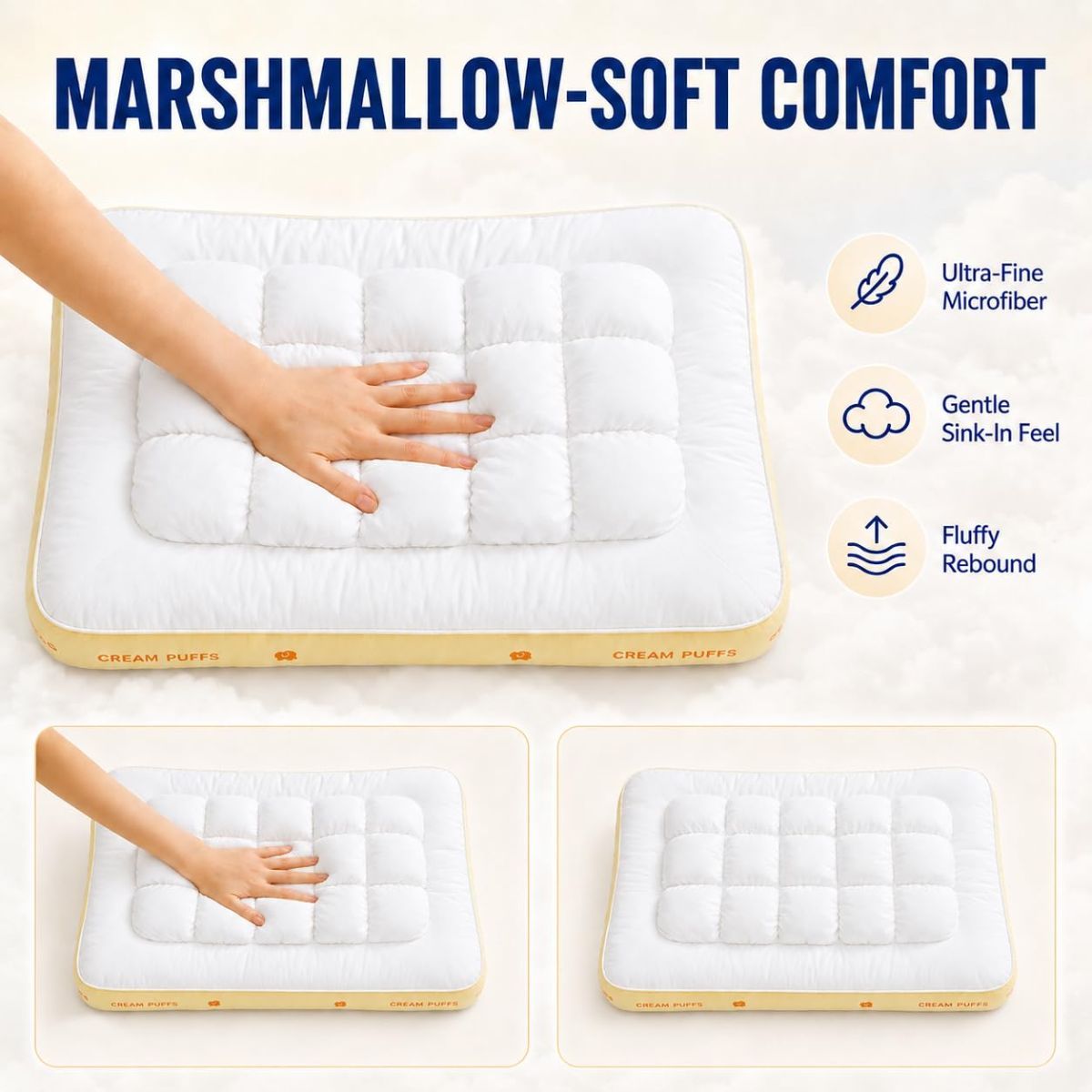 Cooling Marshmallow Puff Pillow, Quilted Cool-Touch Bed Pillow for Adults, Cloud-Like Fluffy Sleep Pillow with Neck Support for Side Back Sleepers - White - Size 74*48cm