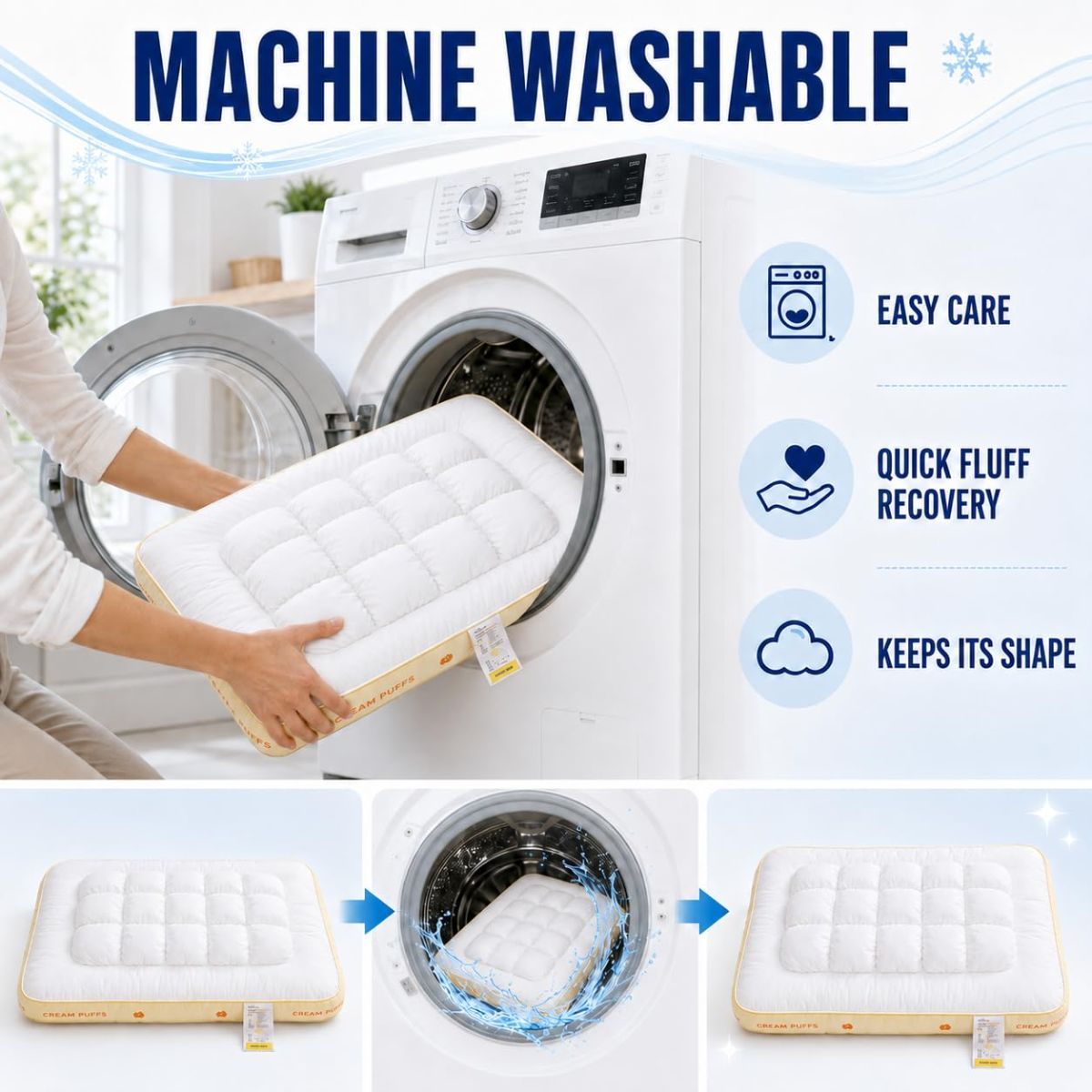 Cooling Marshmallow Puff Pillow, Quilted Cool-Touch Bed Pillow for Adults, Cloud-Like Fluffy Sleep Pillow with Neck Support for Side Back Sleepers - White - Size 74*48cm