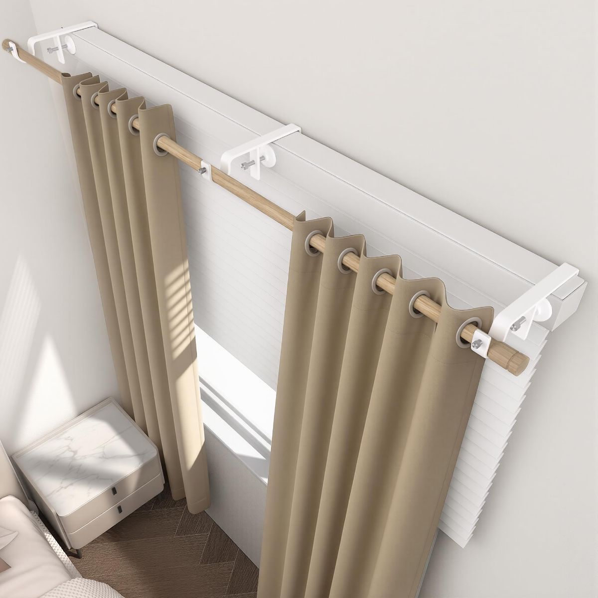 4 Pack Over-Blinds Curtain Rod Brackets for Outside-Mounted Blinds, No Drill, Adjustable Fit - White