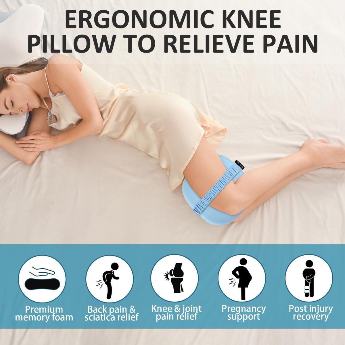 Side Sleeper Knee Pillow, Memory Foam Leg Pillow, Ergonomic Between Leg Pillow Eases Back Hip Pain, Spine Alignment Sciatica Relief, Knee Pillow with Ice Silk Cover and Elastic Strap - Blue - Size 10in*9in