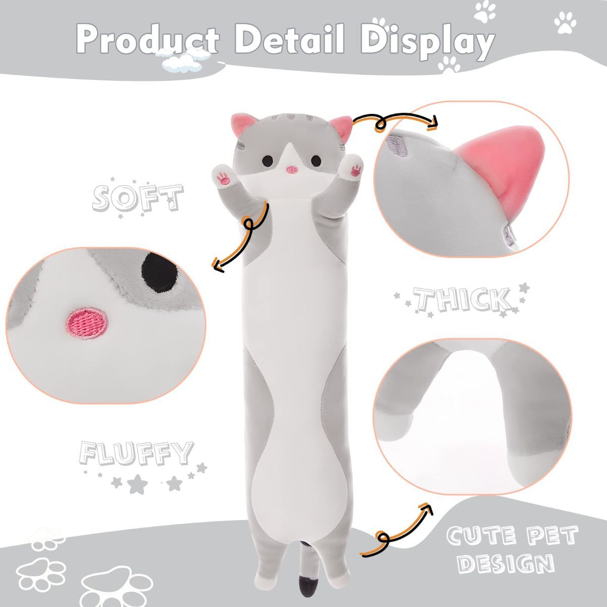 Long Cat Plush Pillow Cat Plush Toy PP Fabric Pillow Soft Cat Pillow Cat-Themed - Pink - Size 51.2