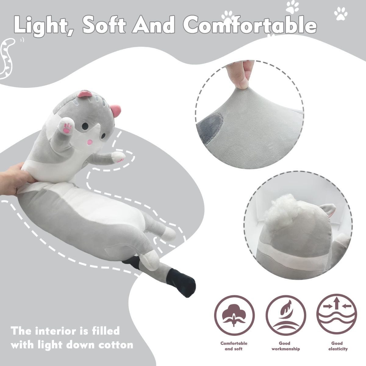 Long Cat Plush Pillow Cat Plush Toy PP Fabric Pillow Soft Cat Pillow Cat-Themed - Yellow - Size 27.5in