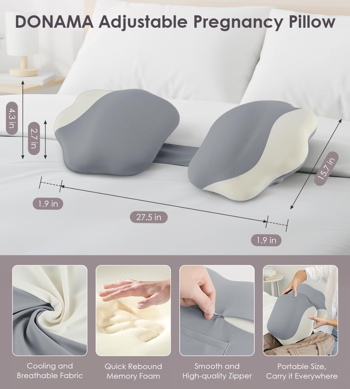 Pregnancy Pillows for Sleeping, Memory Foam Maternity Pillow Support for Back Belly HIPS, Adjustable Travel Wedge Pillow for Pregnant Women, Side Sleeping Pregnant Pillows with Cooling Pillowcase - Gray - Size 27.5in