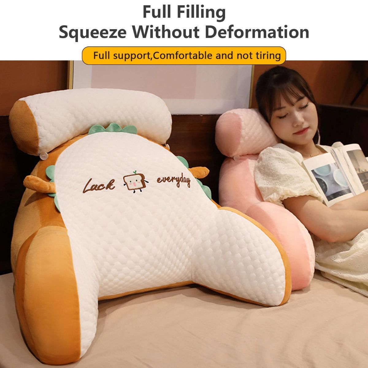 Reading Pillow for Kid Or Adult Large Back Pillow for Sitting Up in Bed Detachable Neck Roll with Arms Large Bed Rest Pillow Back Pillow for Sitting in Bed Watching TV Reading - Yellow - Size 70*50CM