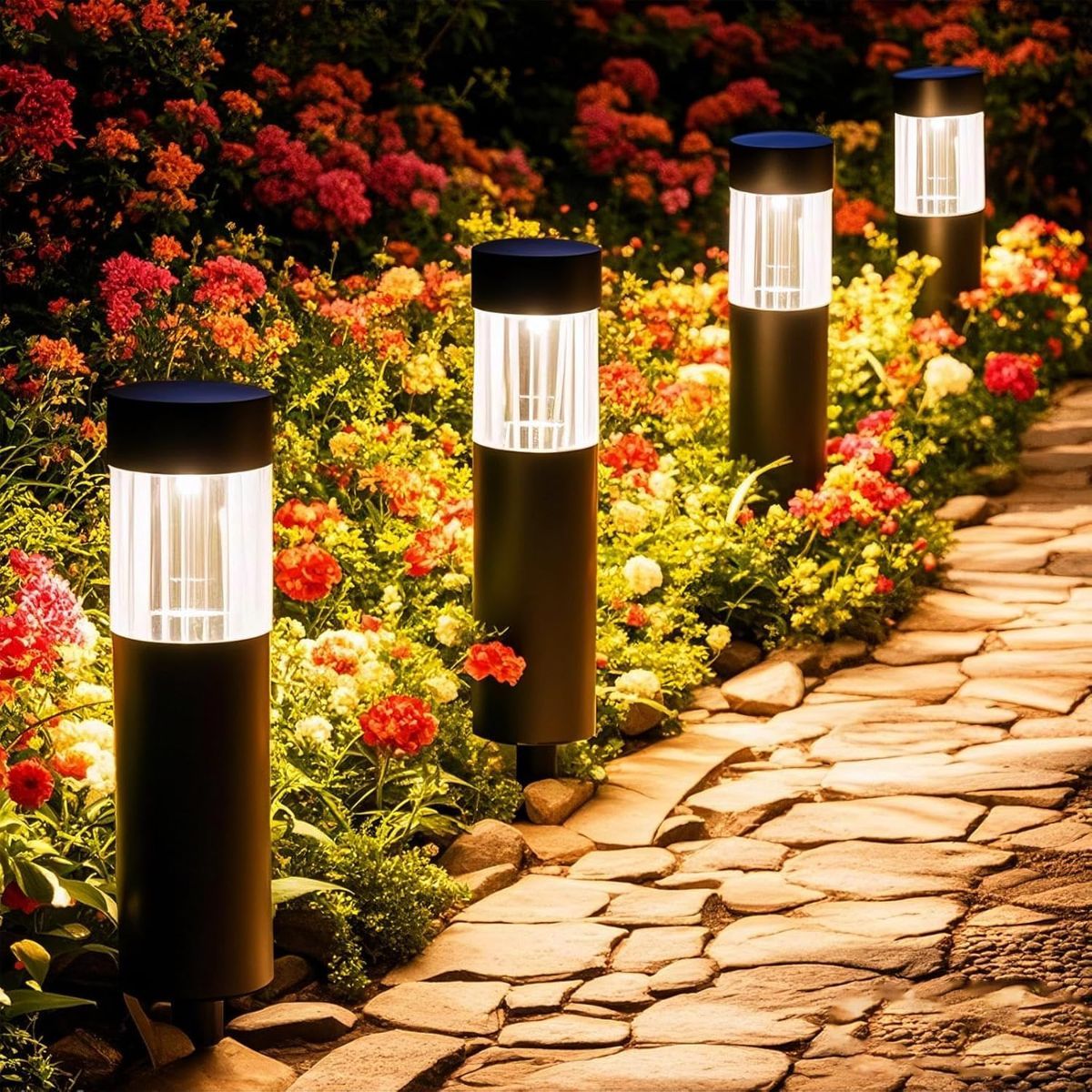 Solar Pathway Lights Outdoor, Stainless Steel Solar Garden Lights, Bright 35LM Warm White LED, Auto On/Off IP65 Waterproof Path Lights for Yard, Lawn, Walkway, Patio, Driveway - Silver - Size 4 Pack