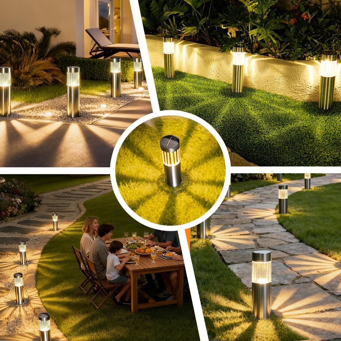Solar Pathway Lights Outdoor, Stainless Steel Solar Garden Lights, Bright 35LM Warm White LED, Auto On/Off IP65 Waterproof Path Lights for Yard, Lawn, Walkway, Patio, Driveway - Silver - Size 4 Pack