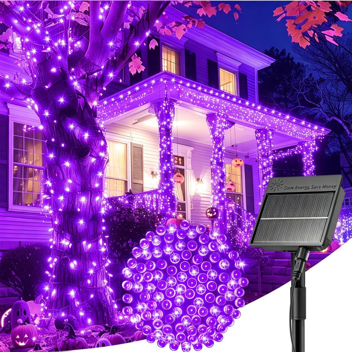 Solar String Lights Outdoor Waterproof, LED Outdoor Light | Solar Fairy Lights with 8 Lighting Modes, IP65 Waterproof Solar Christmas Halloween Lights for Outdoor Outside Tree Patio - Purple - Size 40ft 100-LED String Light