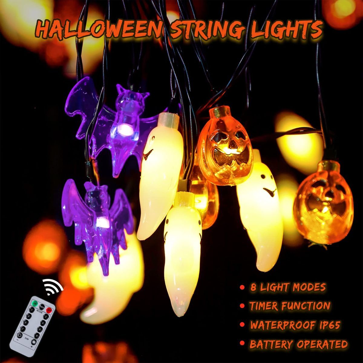 Halloween Lights,  Pumpkin Ghost Bat String Lights Battery Operated with Timer, 8 Light Modes Halloween Fairy Lights for Indoor Outdoor Party Home Yard Window Decor - Orange - Size 10Ft 20 LED