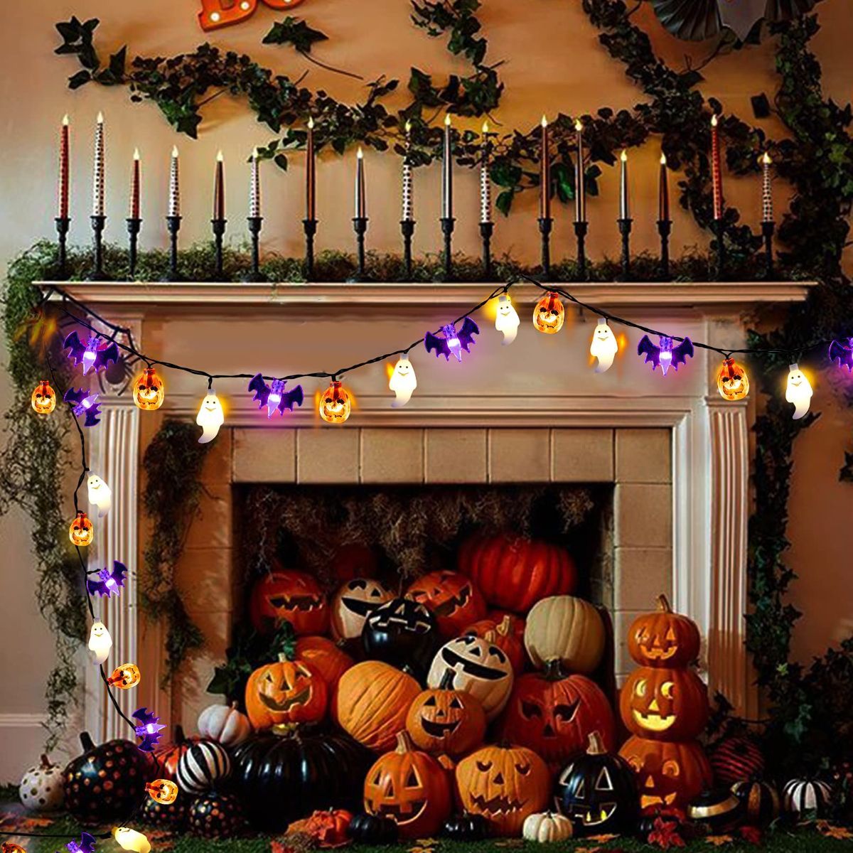 Halloween Lights,  Pumpkin Ghost Bat String Lights Battery Operated with Timer, 8 Light Modes Halloween Fairy Lights for Indoor Outdoor Party Home Yard Window Decor - Orange - Size 10Ft 20 LED