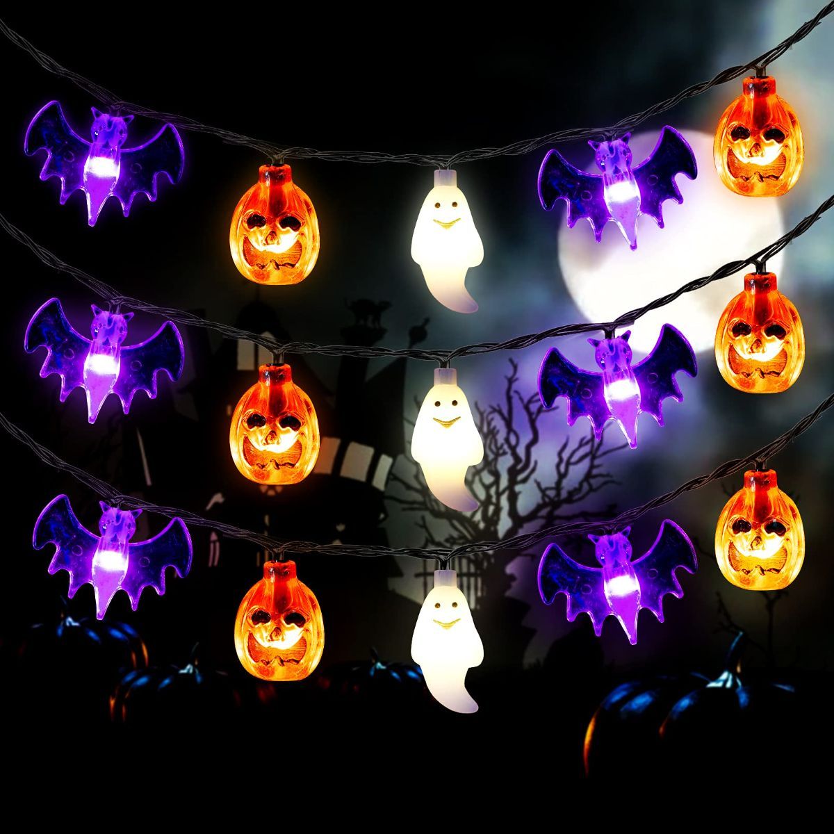 Halloween Lights,  Pumpkin Ghost Bat String Lights Battery Operated with Timer, 8 Light Modes Halloween Fairy Lights for Indoor Outdoor Party Home Yard Window Decor - Orange - Size 20Ft 40 LED