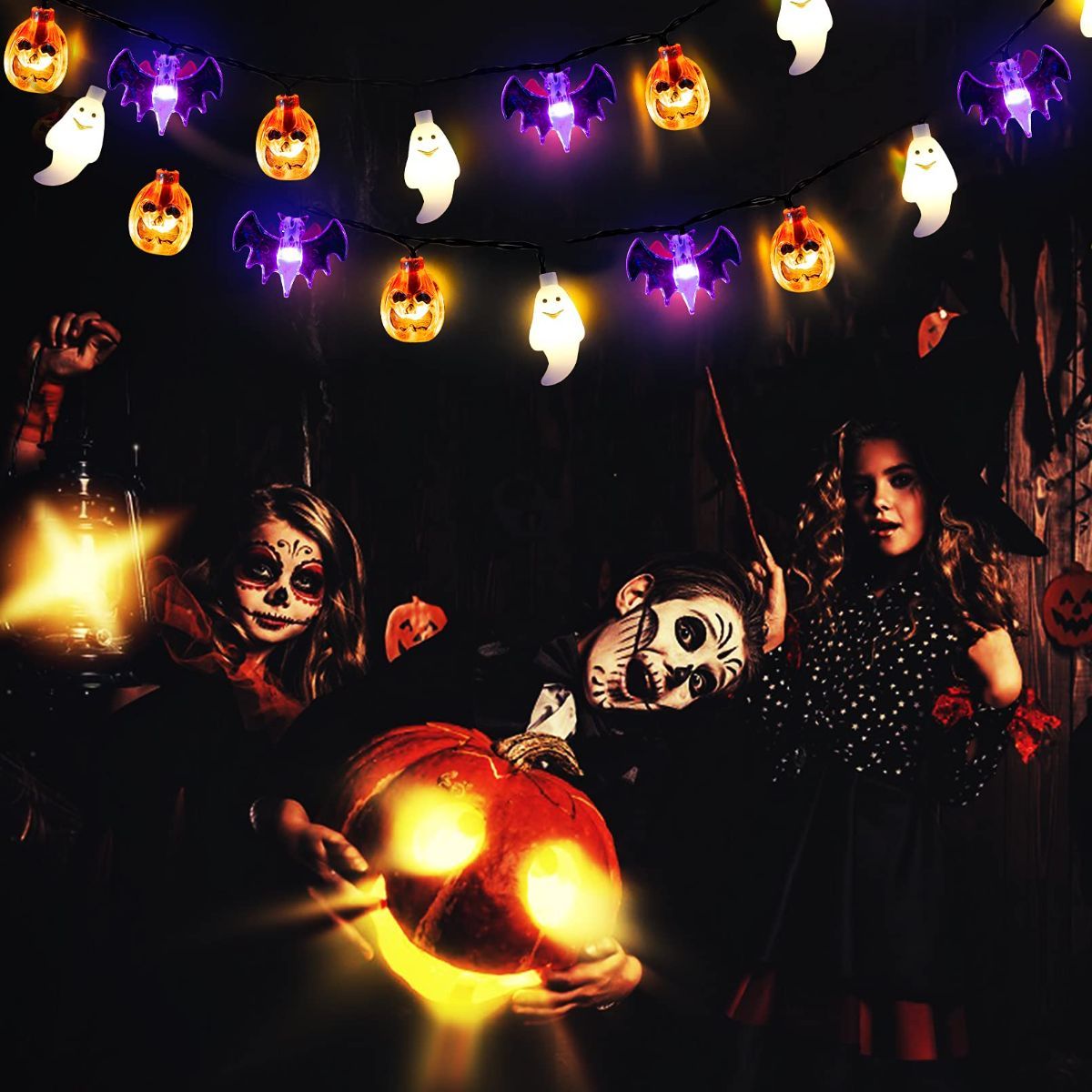 Halloween Lights,  Pumpkin Ghost Bat String Lights Battery Operated with Timer, 8 Light Modes Halloween Fairy Lights for Indoor Outdoor Party Home Yard Window Decor - Orange - Size 20Ft 40 LED