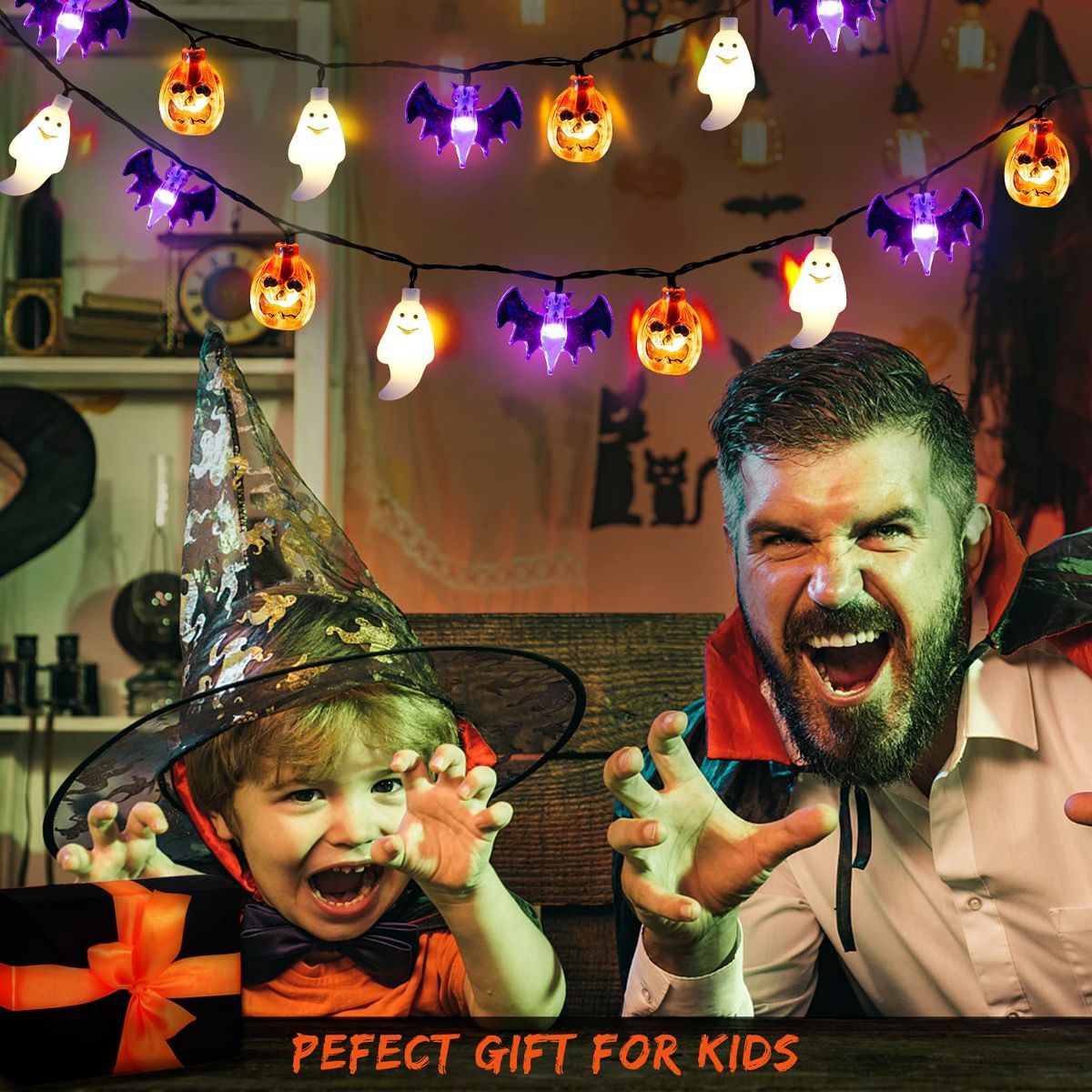Halloween Lights,  Pumpkin Ghost Bat String Lights Battery Operated with Timer, 8 Light Modes Halloween Fairy Lights for Indoor Outdoor Party Home Yard Window Decor - Orange - Size 20Ft 40 LED