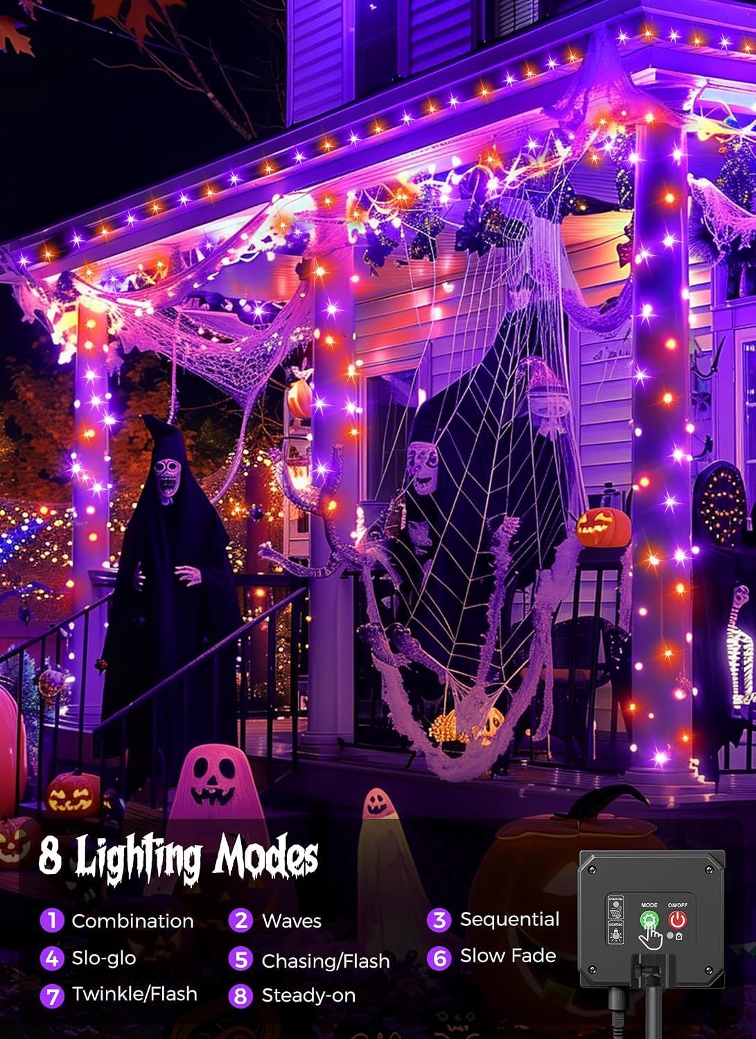 Solar String Lights Outdoor Waterproof, LED Outdoor Light | Solar Fairy Lights with 8 Lighting Modes, IP65 Waterproof Solar Christmas Halloween Lights for Outdoor Outside Tree Patio - Orange Purple - Size 40ft 100-LED String Light