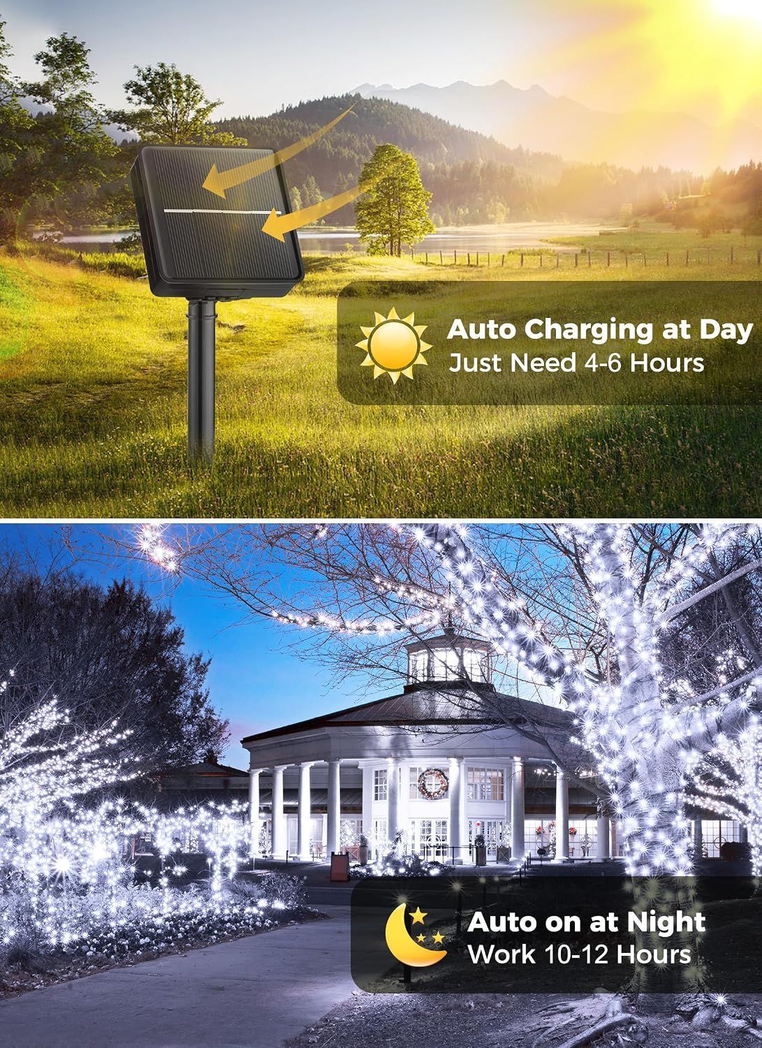 Solar String Lights Outdoor Waterproof, LED Outdoor Light | Solar Fairy Lights with 8 Lighting Modes, IP65 Waterproof Solar Christmas Halloween Lights for Outdoor Outside Tree Patio - White - Size 105ft 300-LED String Light