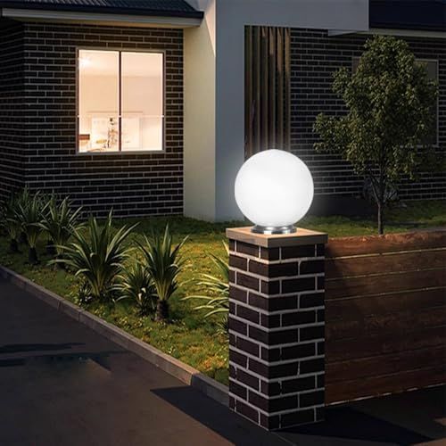 30cm Diameter  Solar Globe Post Lights Lamp Post Light Fixture Modern Pillar Outside Lighting Auto On/Off White Acrylic Ball Lamp Post Light Fixture, Waterproof Solar Lights for Outside Garden Porch - White - Size 30cm