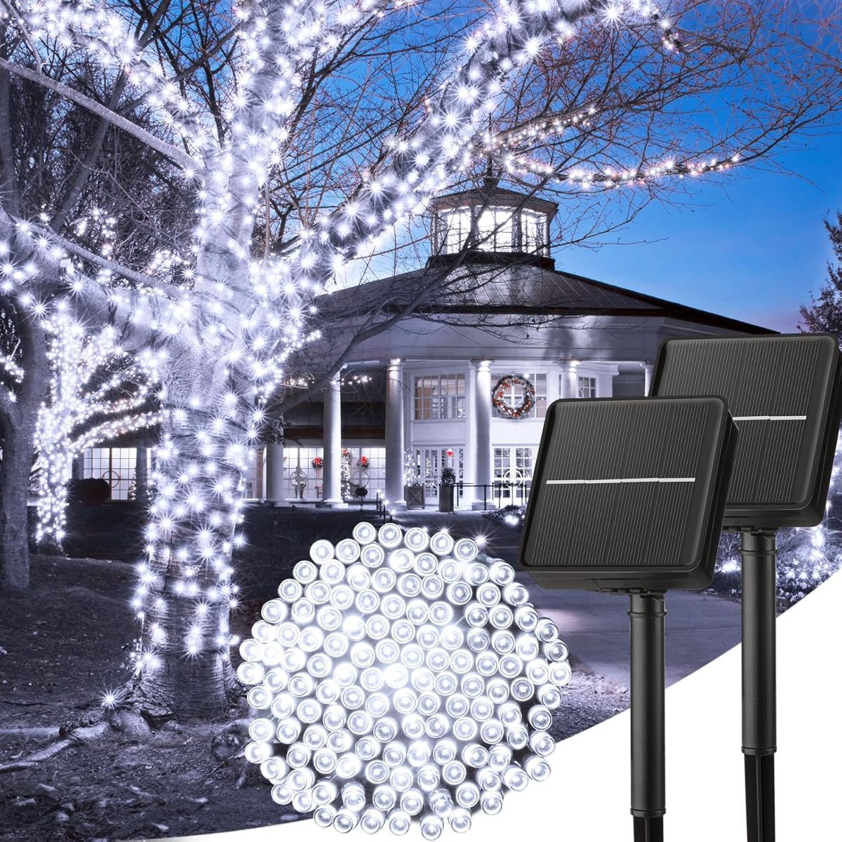Solar String Lights Outdoor, 2 Pack LED Solar Outdoor Lights | Solar Fairy Lights with 8 Lighting Modes, Waterproof Solar Christmas Halloween  Lights for Outside Tree Garden Balcony Gazebo Party - White - Size 105ft 300-LED String Light