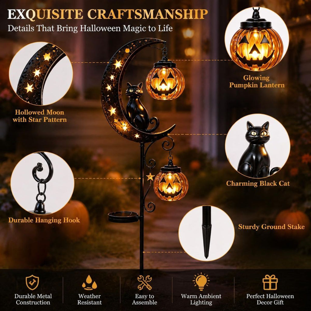 Solar Halloween Garden Stake Lights Black Cat Pumpkin Moon Lights Outdoor - Yellow - Size C