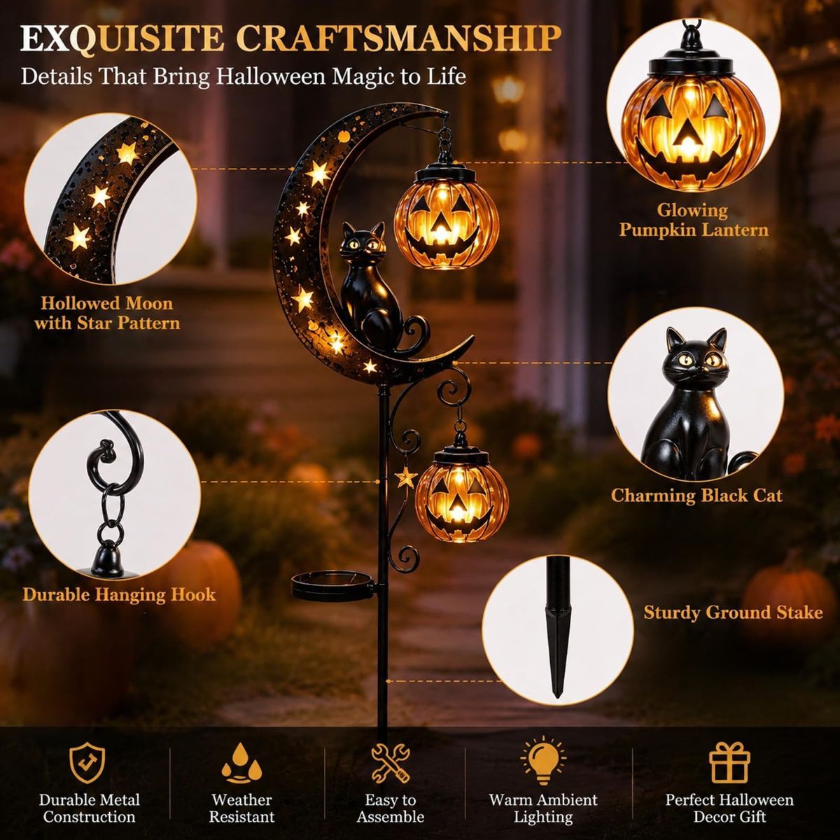 Solar Halloween Garden Stake Lights Black Cat Pumpkin Moon Lights Outdoor - Yellow - Size C
