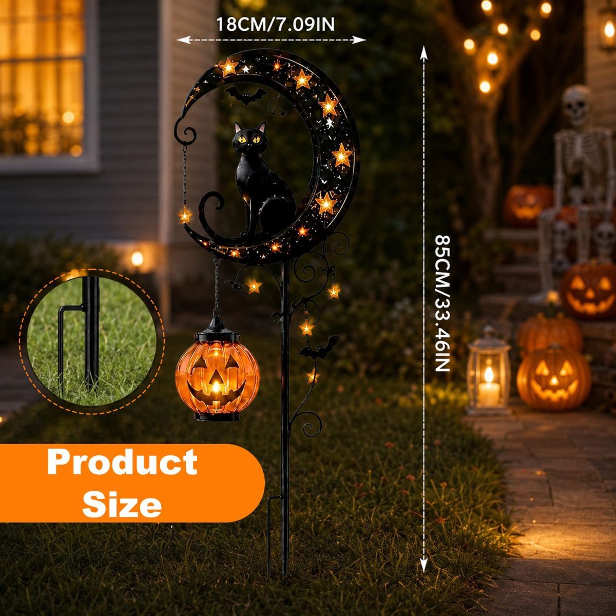 Solar Halloween Garden Stake Lights Black Cat Pumpkin Moon Lights Outdoor - Yellow - Size C