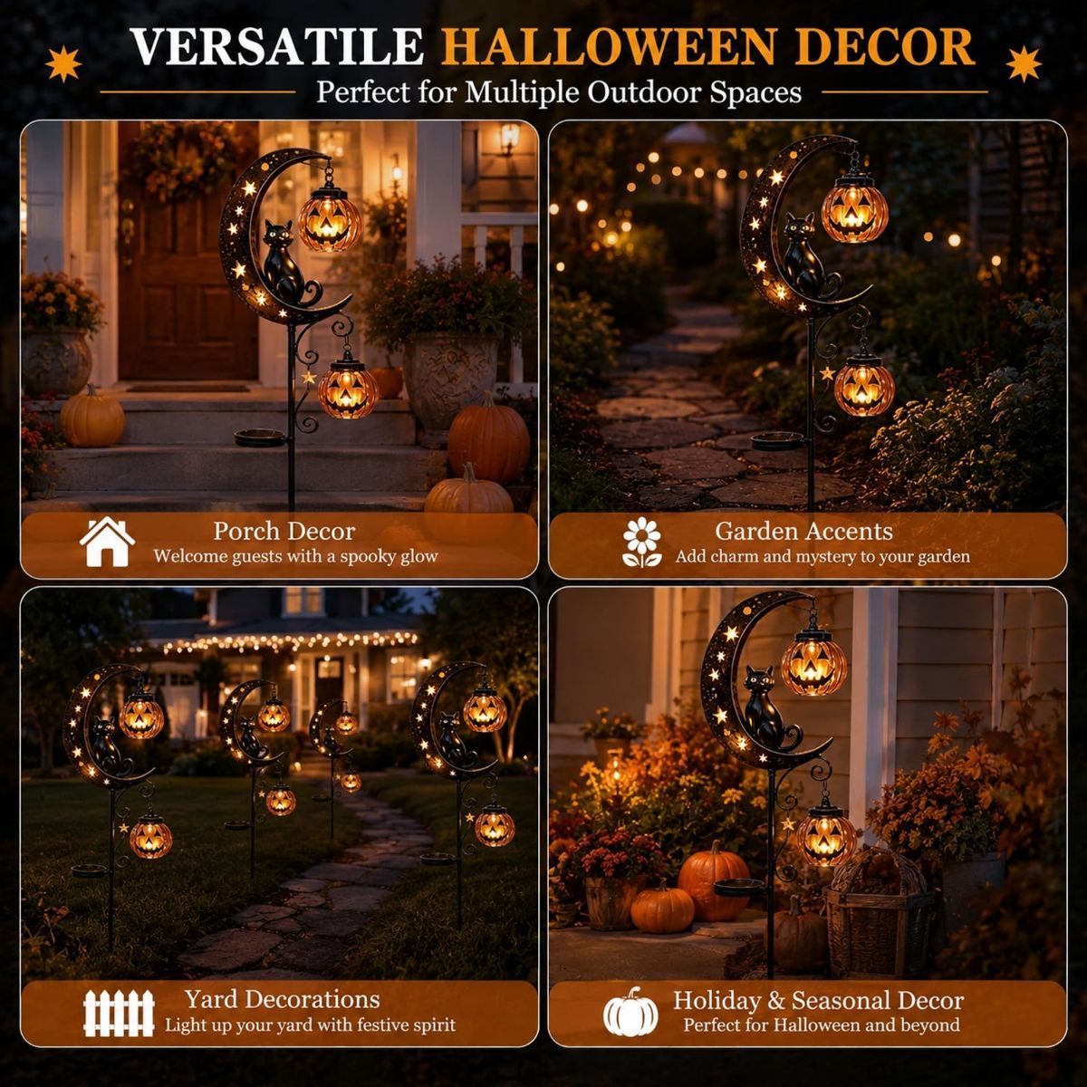 Solar Halloween Garden Stake Lights Black Cat Pumpkin Moon Lights Outdoor - Yellow - Size C