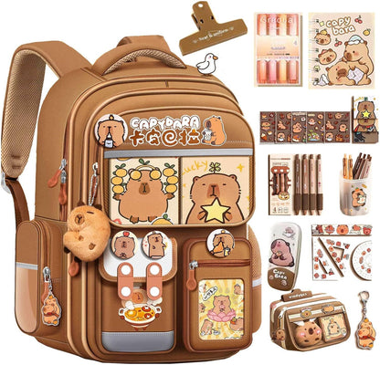 Cute Capybara Backpack with Chic Case and More Pins Ita Bag Cartoon Laptop Travel Utility Funny Going Out Casual Small Bag (Khaki)