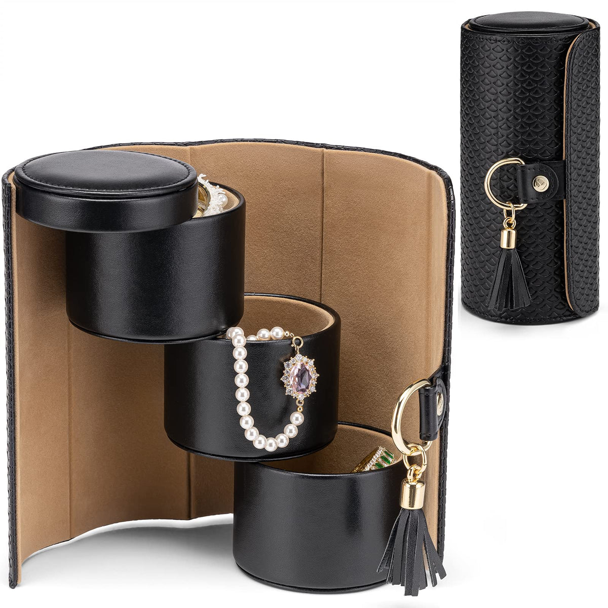 Black Travel Jewelry Case: 3-Layer PU Cylinder Organizer for Necklaces, Earrings, Gifts for Travelers & Jewelry Lovers