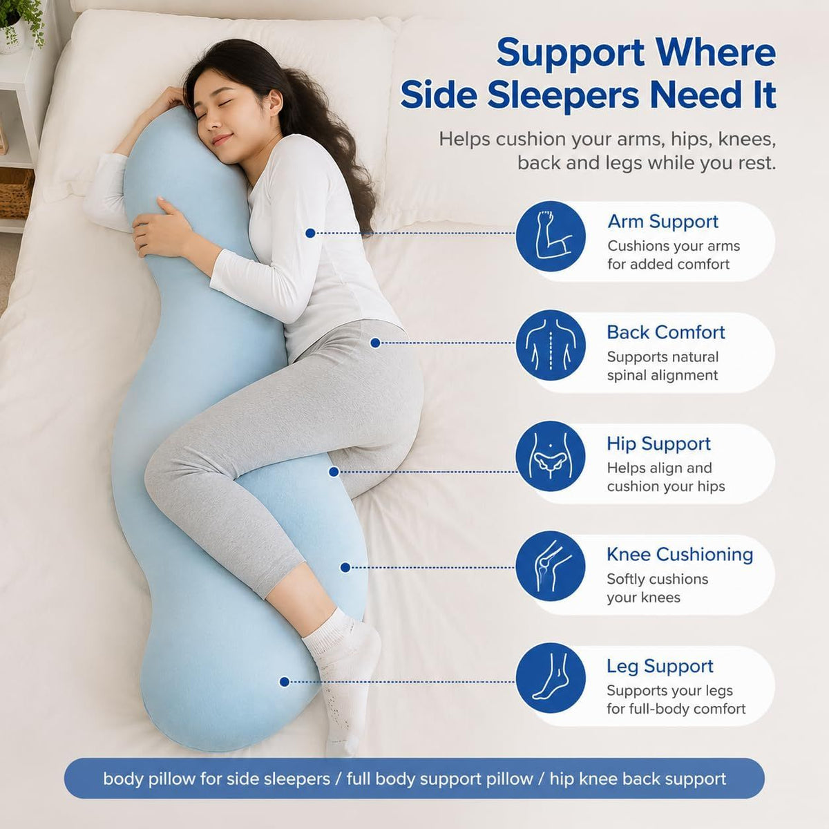 Pea Pod Shape Body Pillow for Adults Full-Body Support Side Sleeper Pillow, Pregnancy Back Pain Relief, Soft Hug Pillow with Memory Fiber Filling(Blue,47.2in)