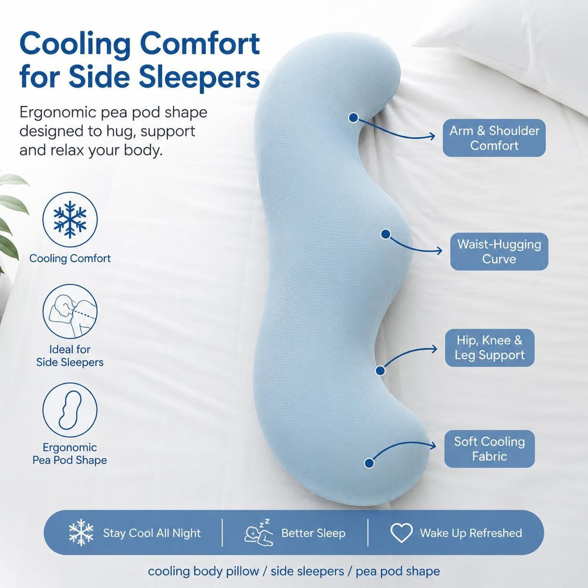 Pea Pod Shape Body Pillow for Adults Full-Body Support Side Sleeper Pillow, Pregnancy Back Pain Relief, Soft Hug Pillow with Memory Fiber Filling(Gray,43.3in)