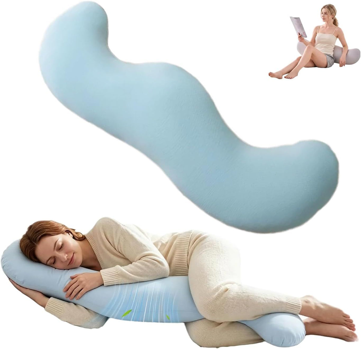 Pea Pod Shape Body Pillow for Adults Full-Body Support Side Sleeper Pillow, Pregnancy Back Pain Relief, Soft Hug Pillow with Memory Fiber Filling(Light Blue,47.2in)