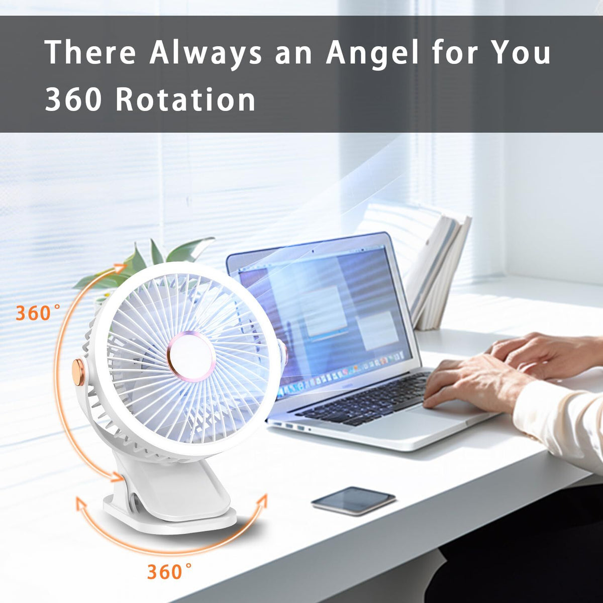 Mini Clip-on Fan with LED Light – USB Rechargeable, 360° Rotatable, 5-Speed Cooling for Desk, Bed, Camping & Travel (White)