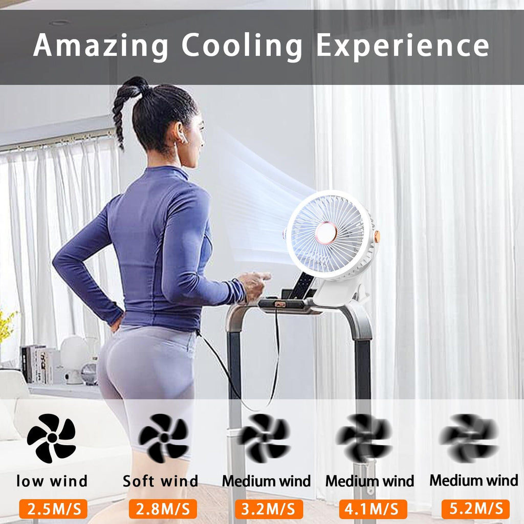 Mini Clip-on Fan with LED Light – USB Rechargeable, 360° Rotatable, 5-Speed Cooling for Desk, Bed, Camping & Travel (White)