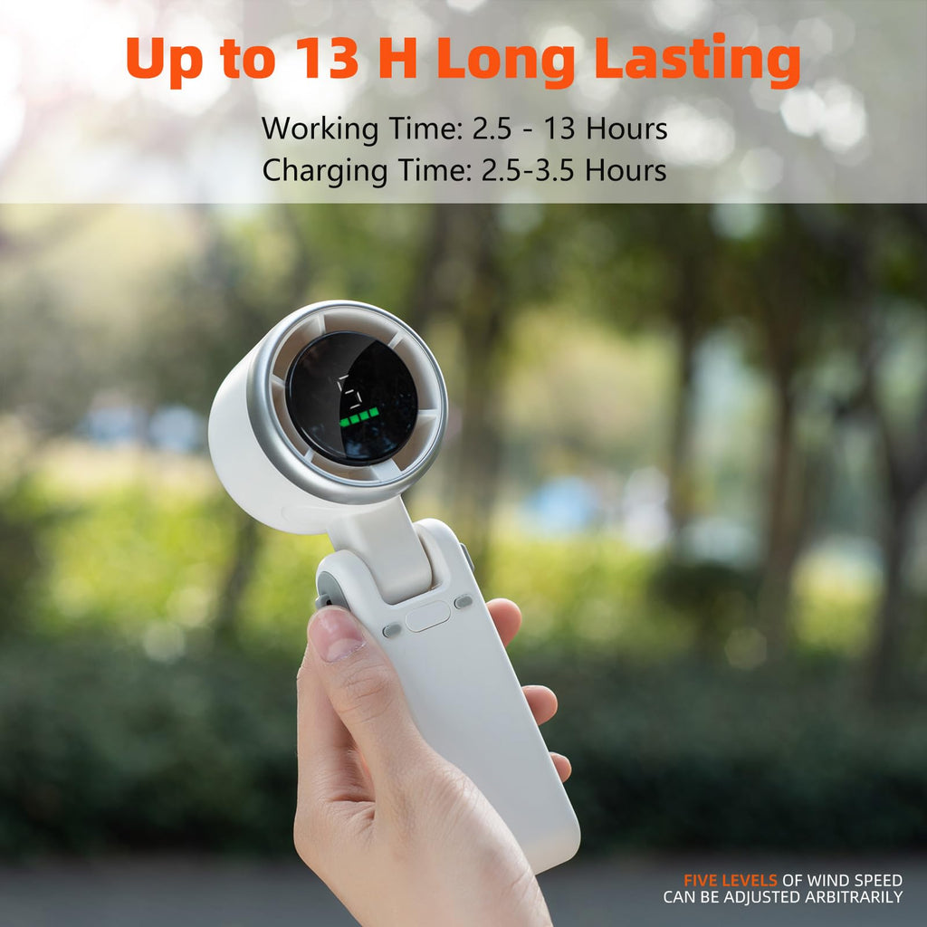 Portable Turbo Handheld Fan with Digital Display – 5-Speed Rechargeable Mini Fan, 3600mAh Battery, Foldable & Neck Strap Design for Outdoor Travel and Daily Use(White)